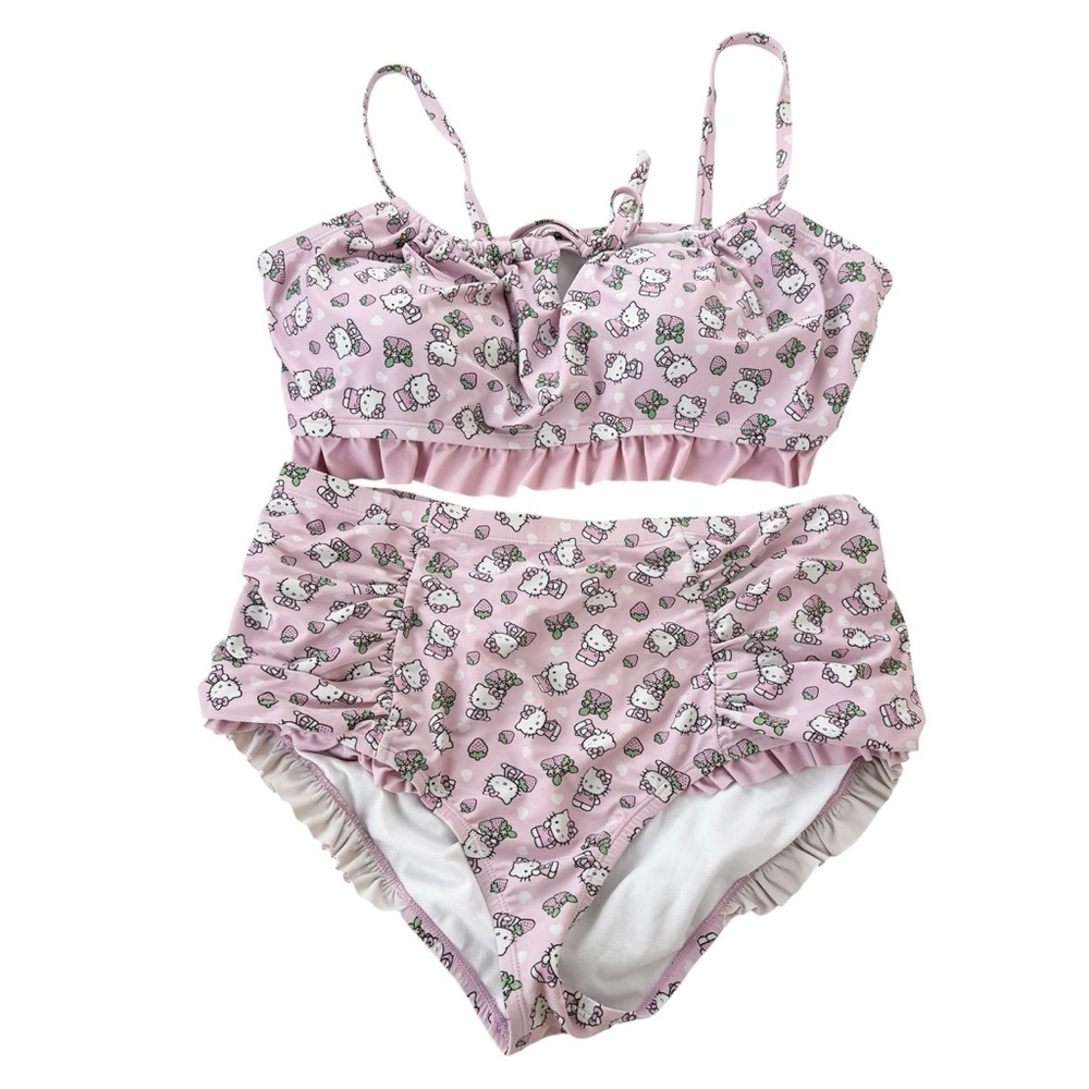 Hello Kitty Bikini Bathing Suit 2 Piece Swim Set Pink Ruffle Strawberry